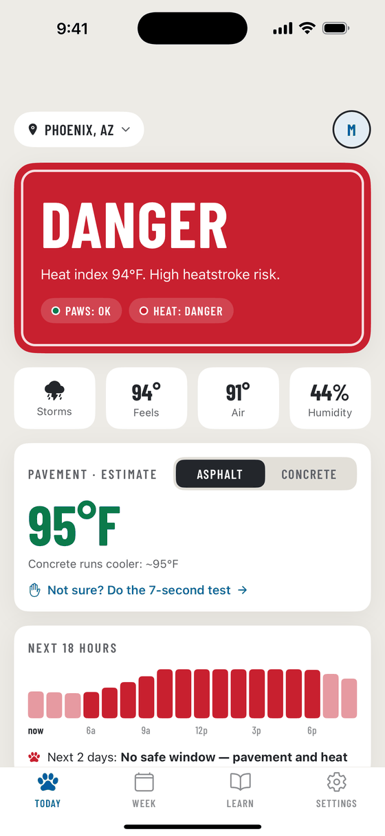 PawWeather in Phoenix, Arizona: a red DANGER panel reading heat index 94 degrees, high heatstroke risk, with paws marked OK and heat marked DANGER, and a red hour-by-hour bar.