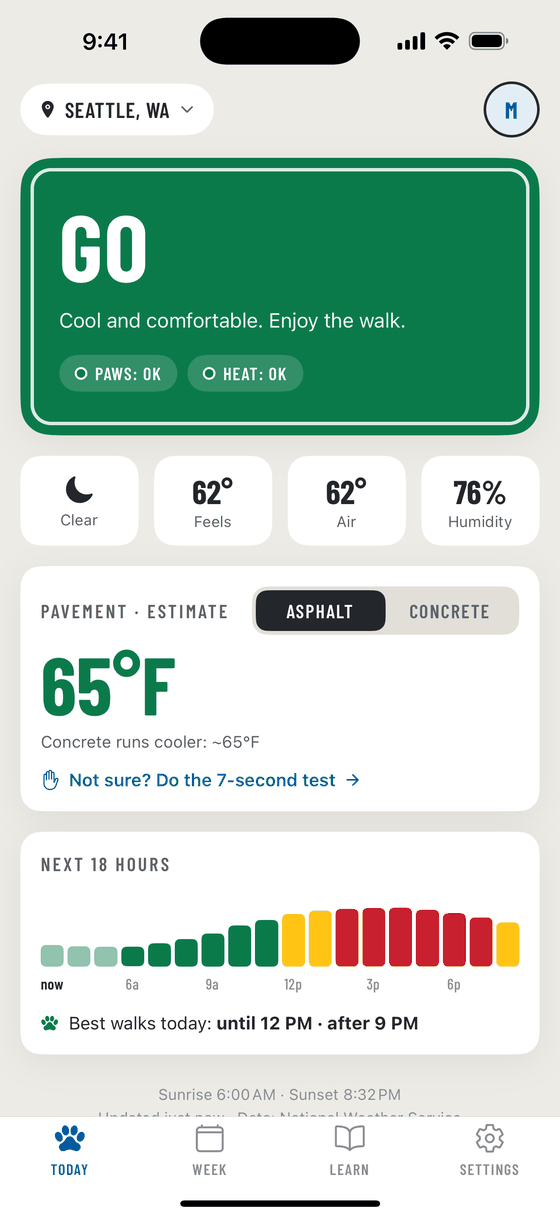 PawWeather in Seattle, Washington: a green GO panel reading cool and comfortable, paws OK and heat OK, air 62 degrees, estimated asphalt 65 degrees, and an hour-by-hour bar for the next 18 hours.