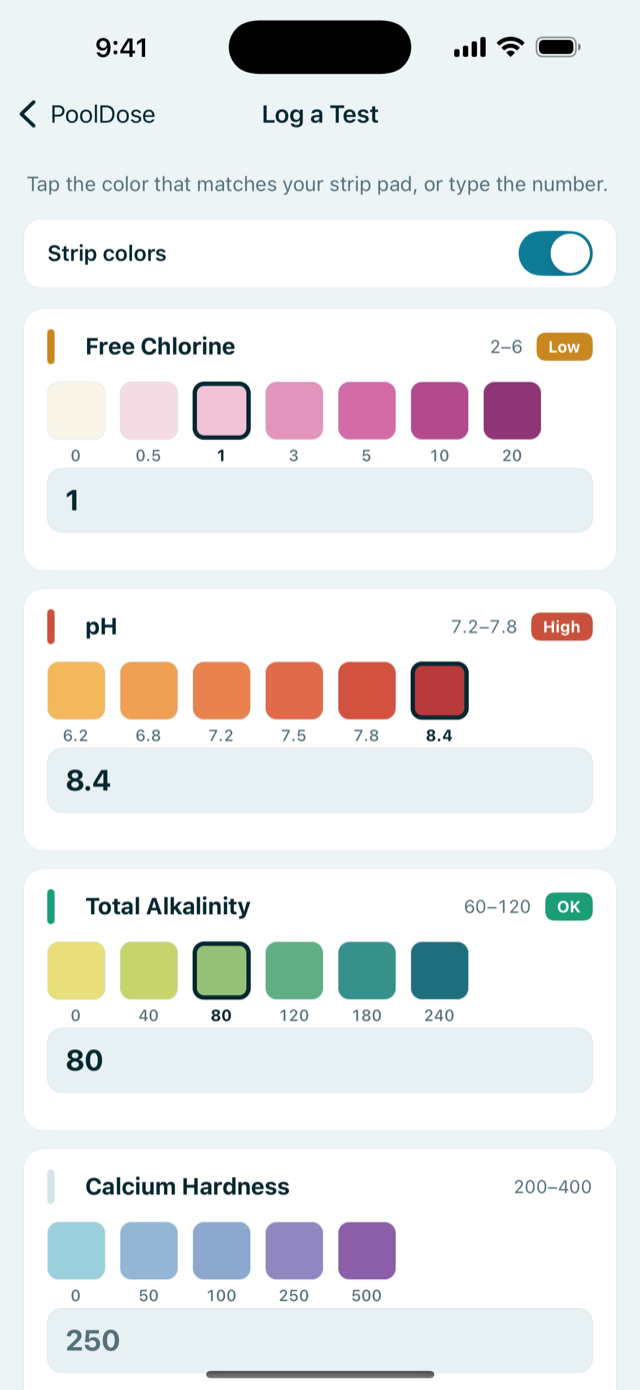 Logging a test in PoolDose using on-screen strip colour swatches for free chlorine, pH, total alkalinity and calcium hardness.